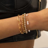 boho multilayer shiny crystal imitation pearl beaded bracelet set gold womens fashion metal bracelets girl glamour jewelry