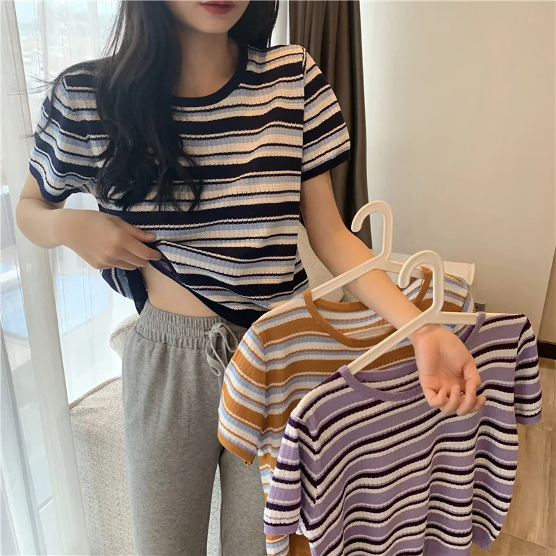 

Новинка, ретро свитер в полоску, женский свободный короткий топ с коротким рукавом в Корейском стиле, женская футболка, лето 2021