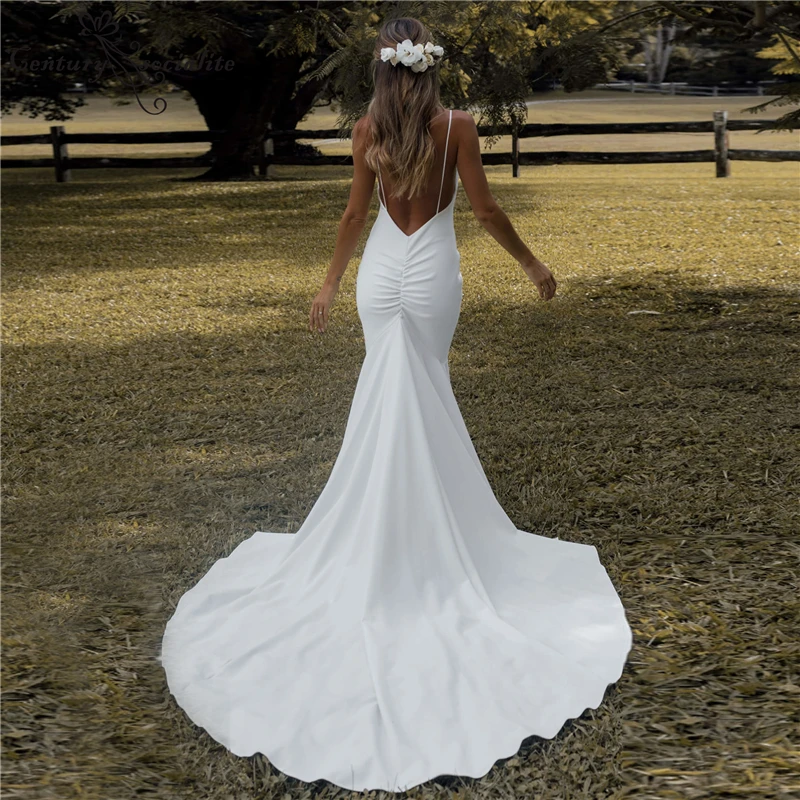 Simple Beach Wedding Dress 2021 Mermaid Spaghetti Straps Backless Boho Bridal Gowns Elegant Country Style Plain Vestido De Noiva