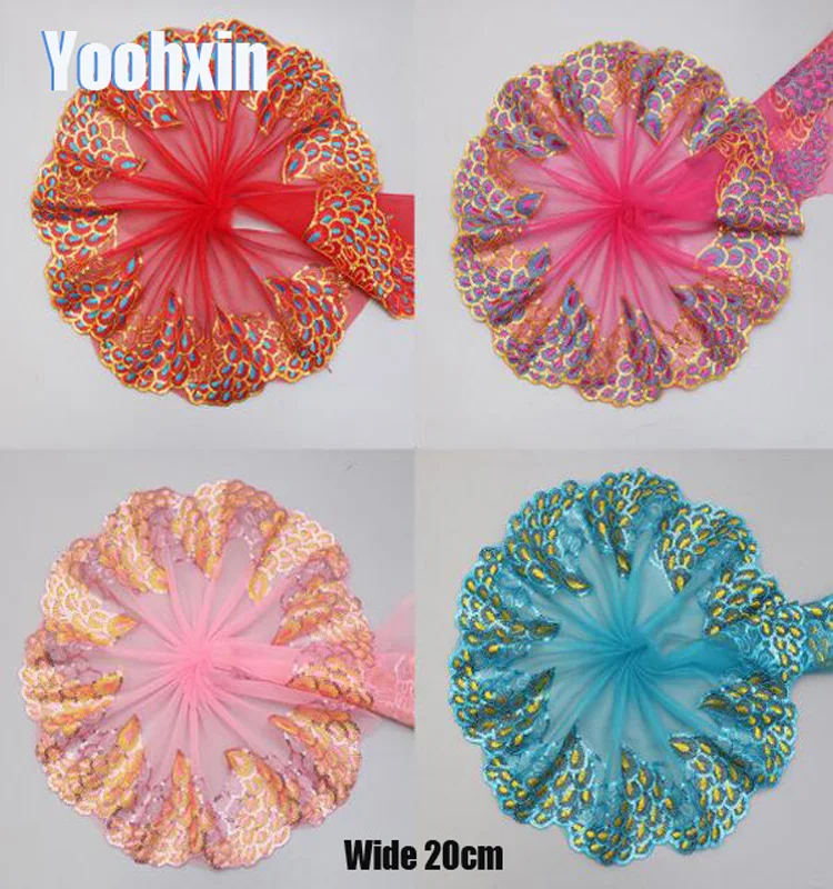

20CM Wide Luxury Peacock Embroidery sequin flower tulle lace fabric trim ribbon DIY sewing applique collar guipure wedding decor