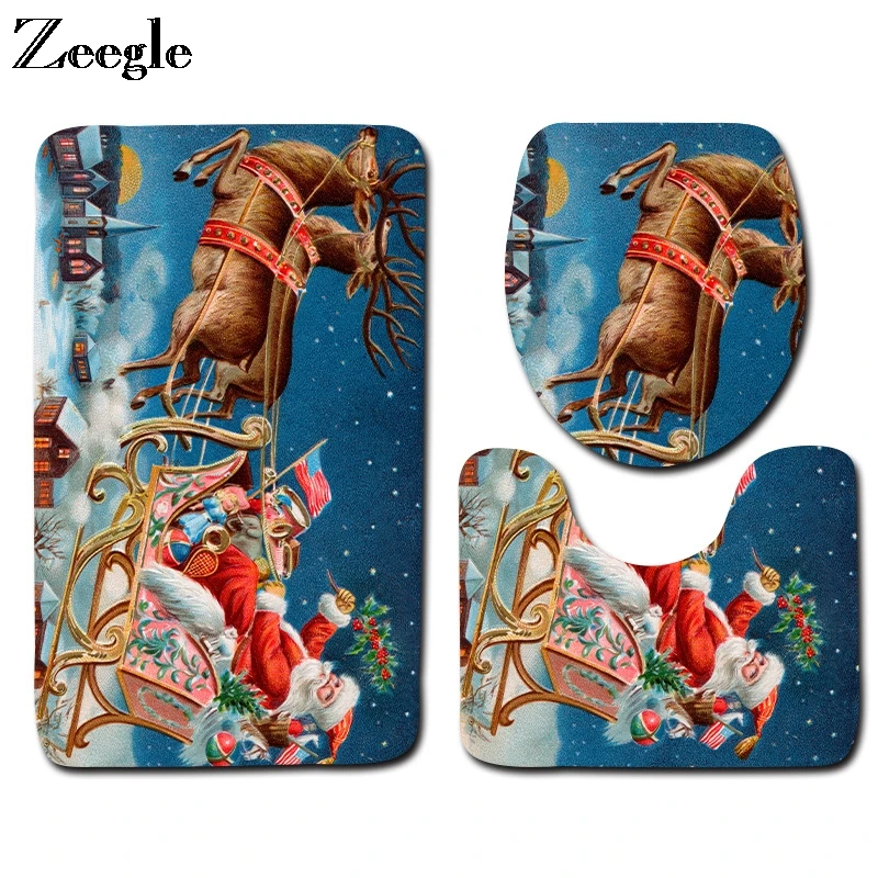 

Zeegle Christmas Bath Mat Set Non Slip Bathroom Doormat Toilet Pedestal Rug Foot Mat Absorbent Toilet Seat Cover 4pcs Toilet Set