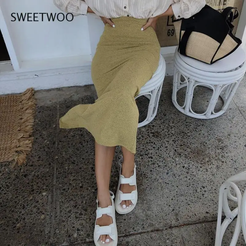 

Women's Skirts High Waist Split Green One Step Skirt Mid Length Pencil Skirt Autumn and Winter New Style Female Clothes Fashion