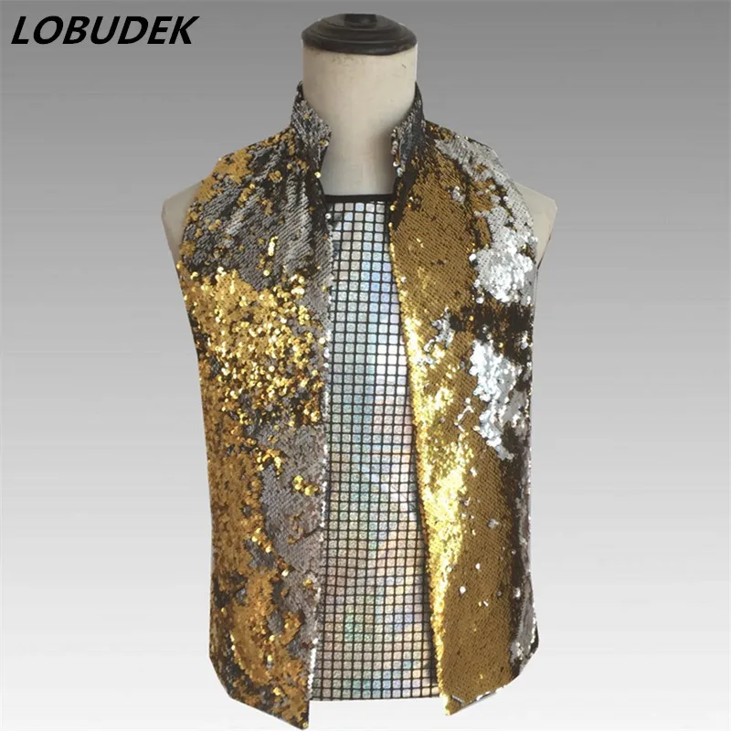 Жилет мужской с блестками жилет золотистого и черного цвета для ночного клуба