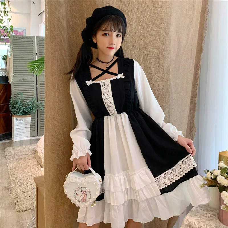 Kawaii/платье в японском стиле «Лолита»; мягкое милое Повседневное платье для девочек с короткими рукавами; студенческое летнее платье