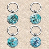 customizable keychain marine life starfish sea turtle dolphin keychain pendant round metal glass key ring pendant