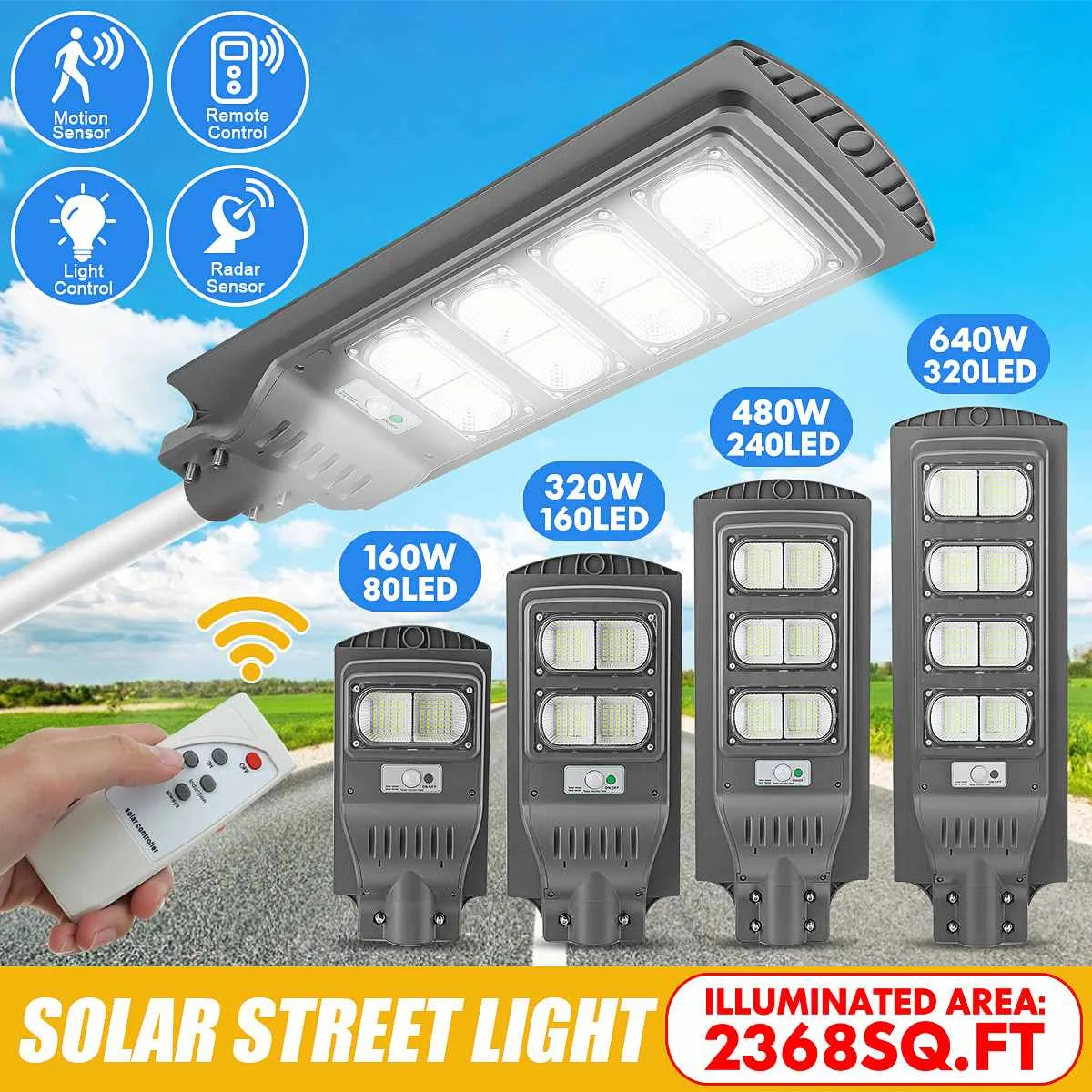 

160W/320W/480W/640W LED Solar Street Light Outdoor Led Light Polycrystalline Remote Solar Lamp Waterproof for Plaza Garden Yard