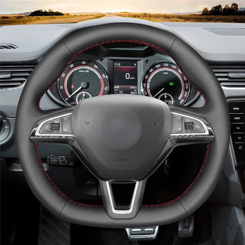 Черный искусственный кожаный ручной сшитый чехол рулевого колеса автомобиля для