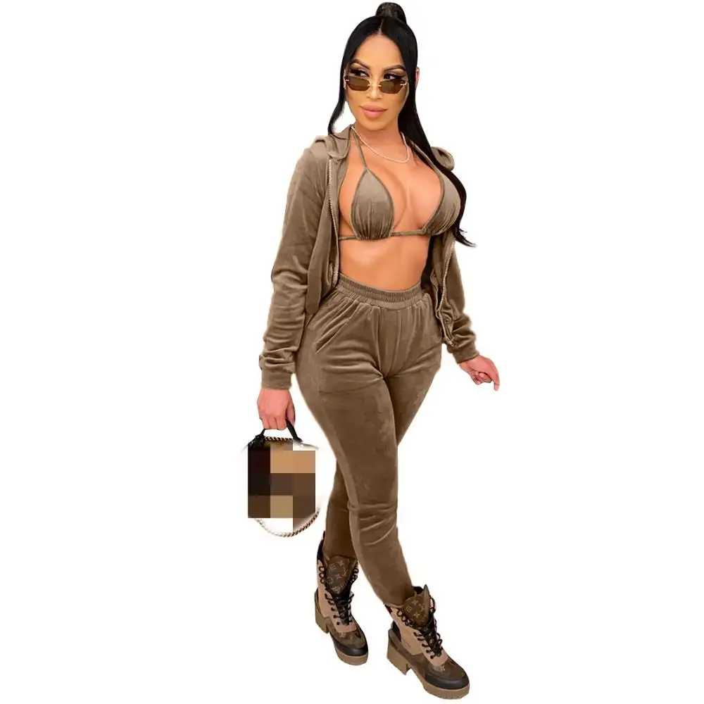 

Sexy Nightclub Wear Women Solid Velvet Three Piece Sets Lady Lace-up Bra + Hooded Zipper Coats High Waist Ankle-length Pants Set