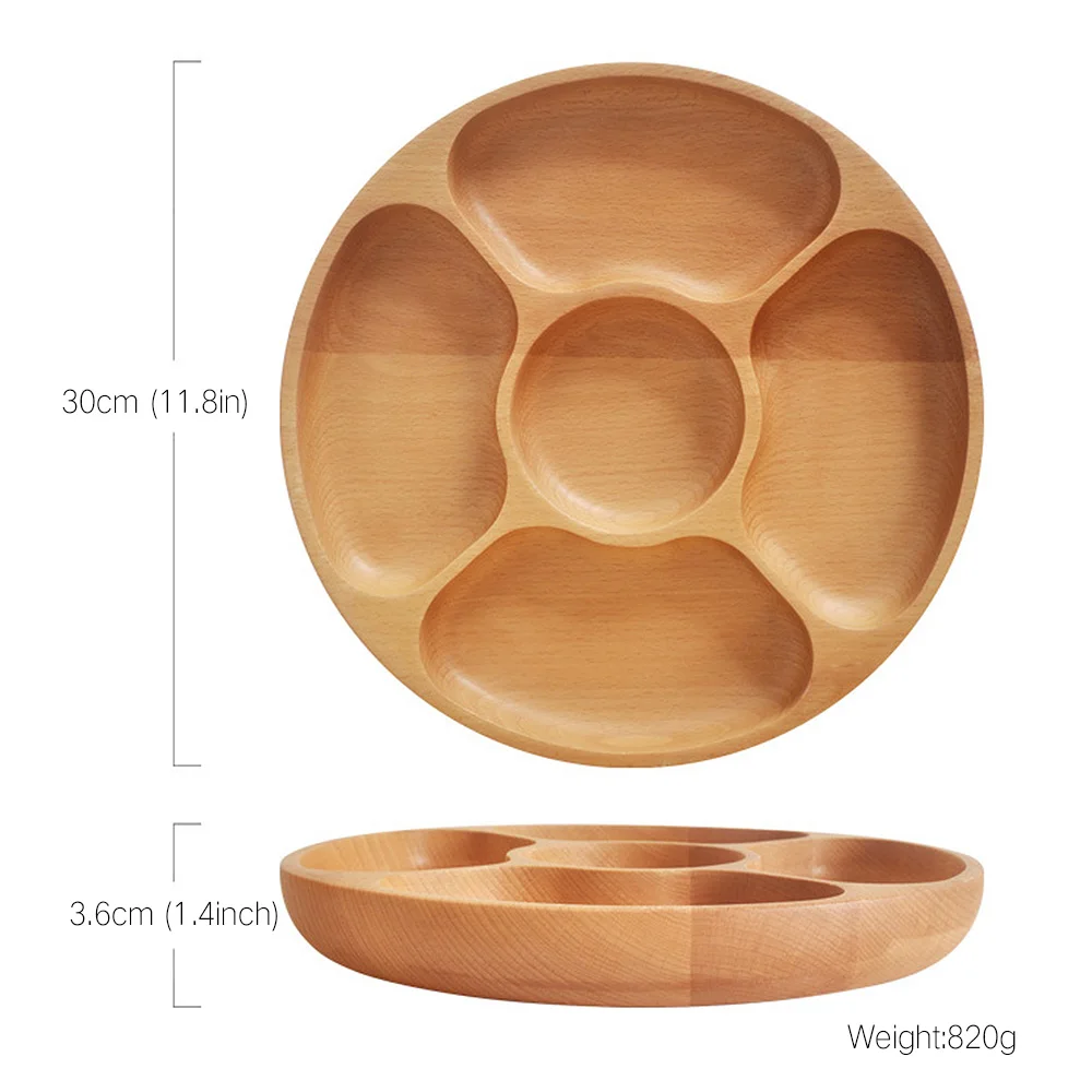 

Round Divided Snack Tray Wood Appetizers Serving Dish Household 5 Compartments Snack Dry Fruit Plate Candy Tray Food Divider