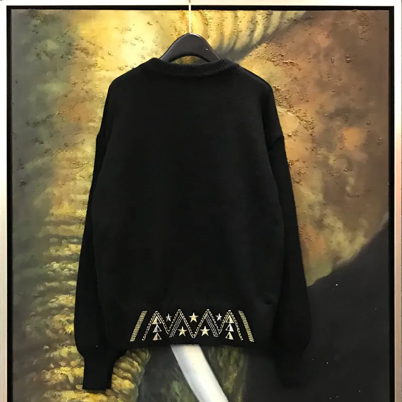 Autumn Winter Female Cosmic Space Pattern Long Sleeves O-neck Knitted Pullover High Quality Women Sweater Jumper Runway Tops | Женская