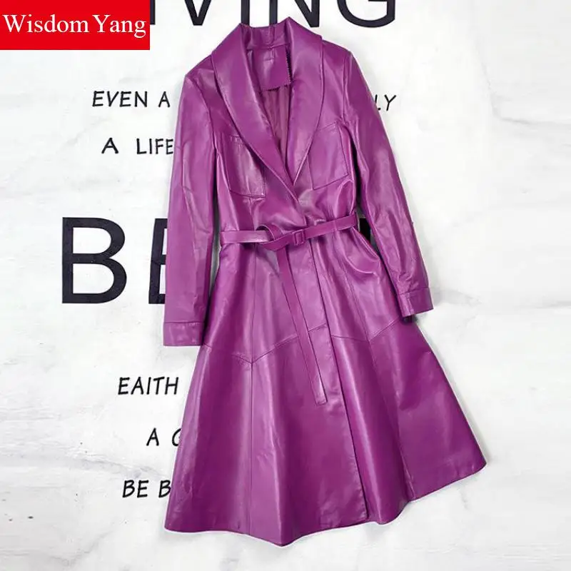 Spring Autumn Purple Sheepskin Genuine Leather Coat Women Outerwear Long Suit Ladies Overcoat Gothic Jacket Coats Korean Clothes
