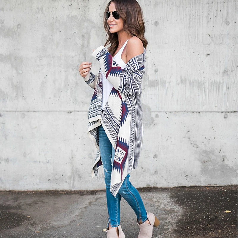 Женский вязаный кардиган длинные свитера в народном стиле повседневный