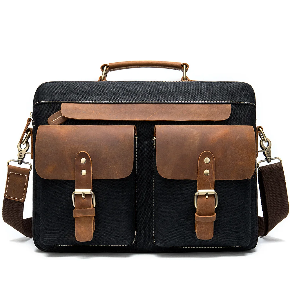 

Men's Business Bag Crazy Horse Leather Handbag Briefcase Man Shoulder Laptop Bag Splicing Vintage High Capacity Portfolio