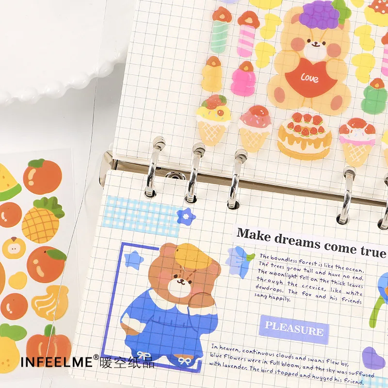 4 листа/уп Kawaii с рисунком милого мишки фруктов для девочек ПЭТ наклейки альбом