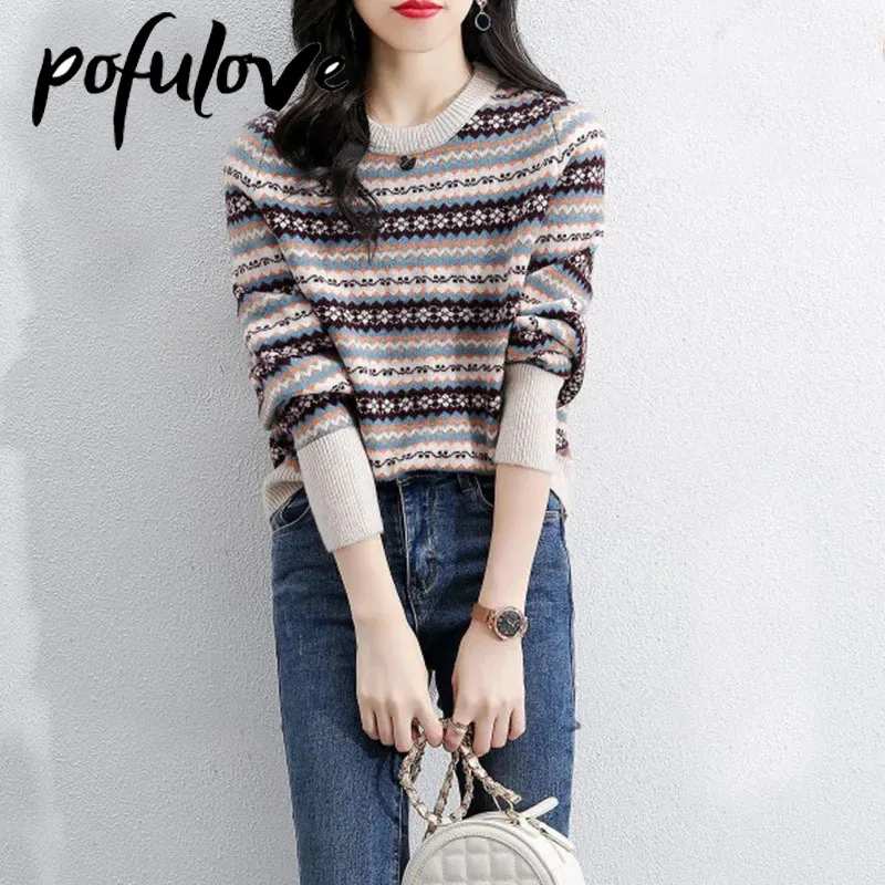 Свитер женский в этническом стиле пуловер ретро вязаный Свободный Топ трендовый