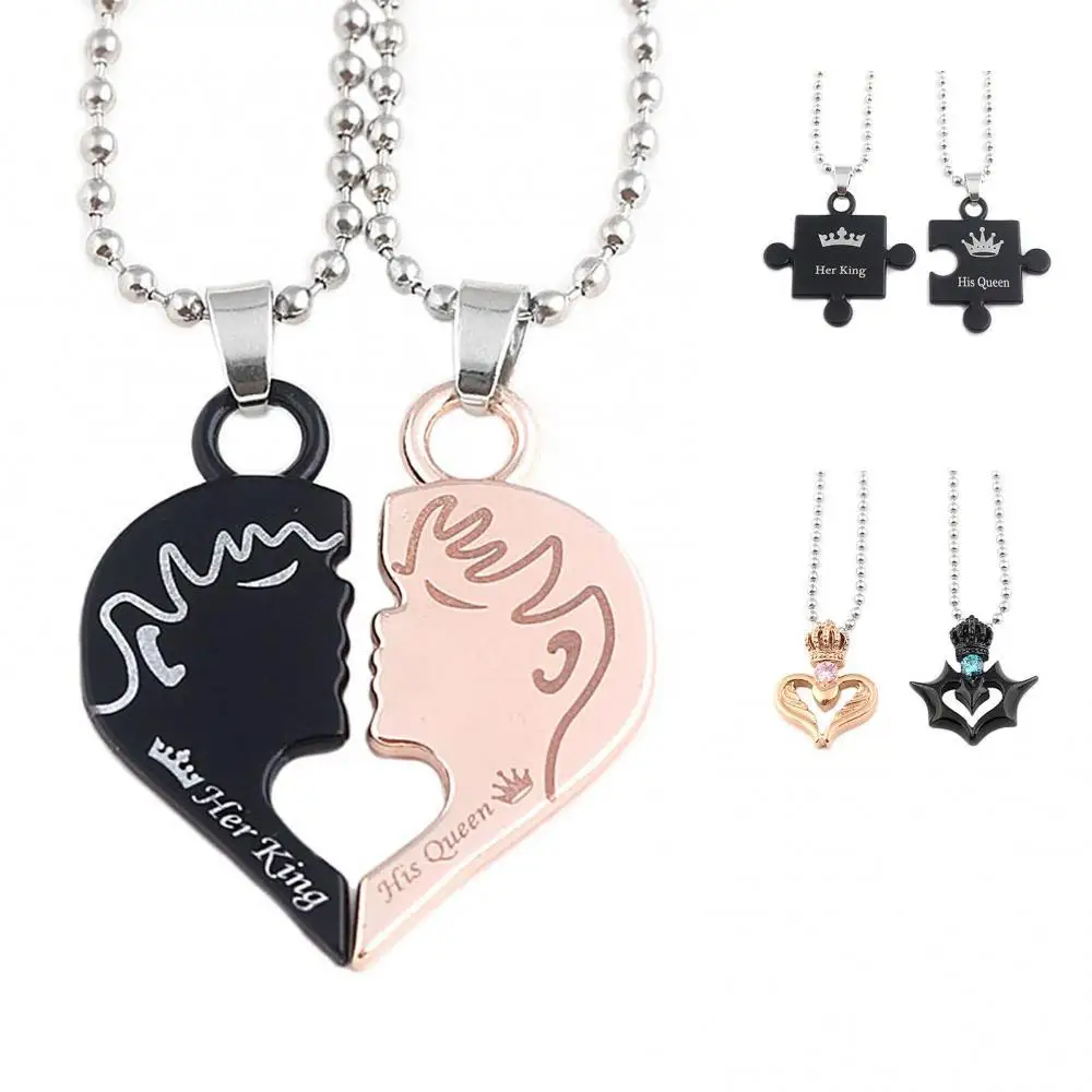 

50%HOT 2Pcs Her King His Queen Letter Couple Face Pendant Heart Necklace Jewelry Gift