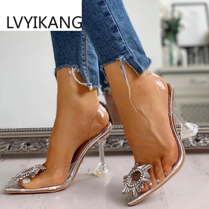 Сандалии женские из ПВХ босоножки с острым носком обувь на высоком каблуке без