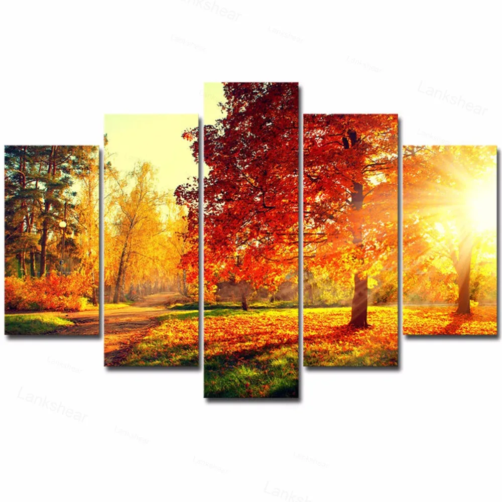 

Canvas Painting Modern 5 Pieces/pcs Sunset Landscape Art Autumn Scenery Live Wall Hd Decoration Modular Forest Picture Poster