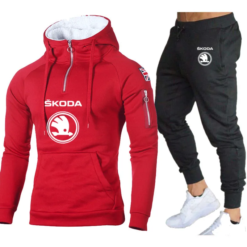 

Spring Autumn Men's Zip sweatshirt suits Skoda Car Logo printing high quality Creative Solid color Men's Hoodie+Pants 2-piece se