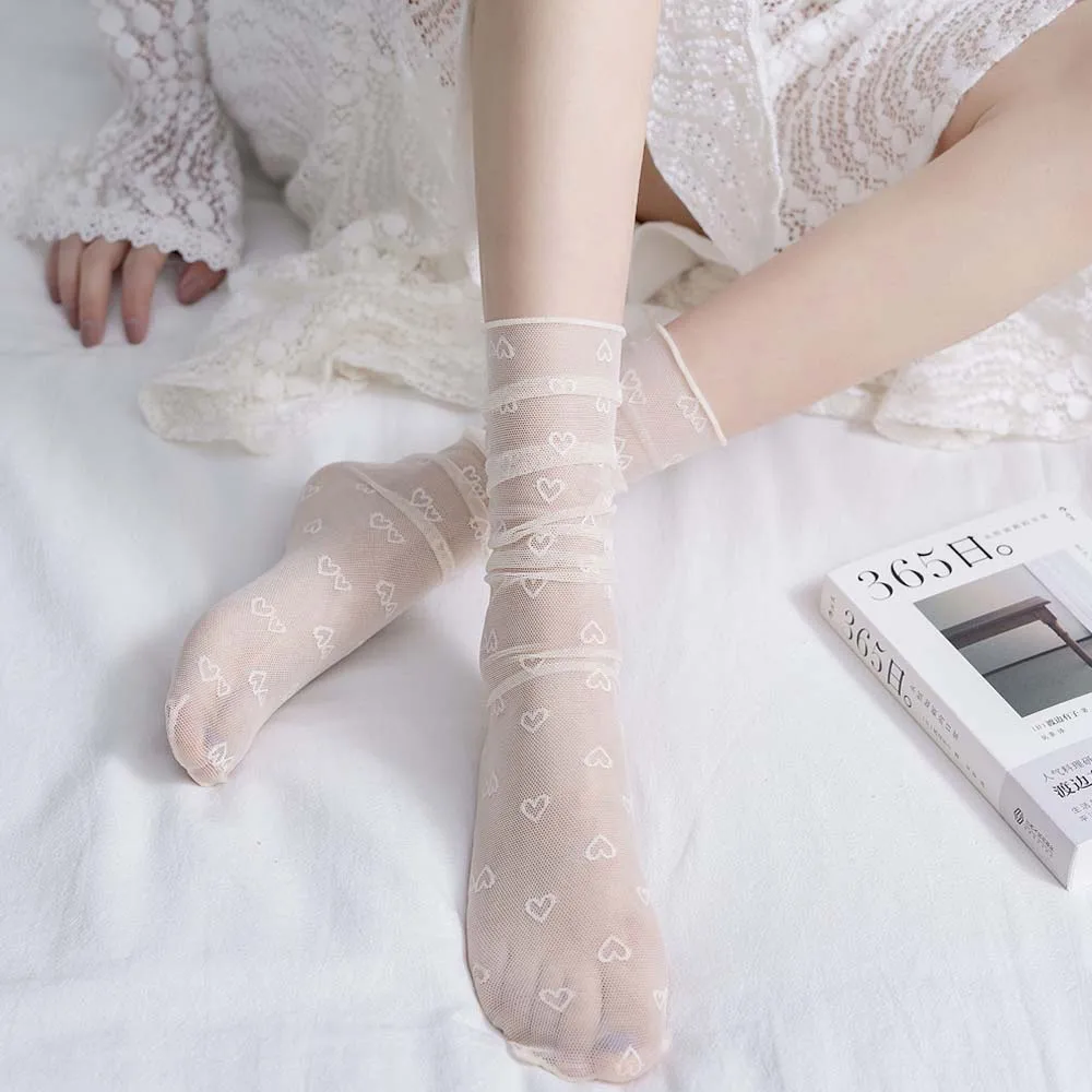 

Women Transparent Tulle Socks Candy Colors Love Heart Socks Summer Crystal Silk Thin Long Socks