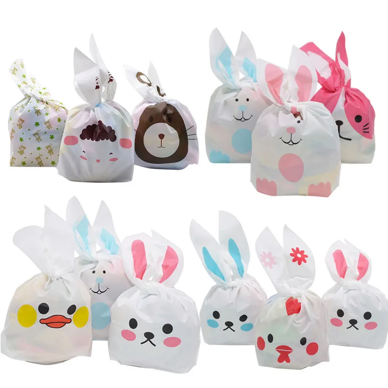 

25pcs Easter Bunny Ear Candy Bag Cute Rabbit Plastic Baking Cookie Bag For Kids Birthday Party Decor Easter Gift Packing Pouch