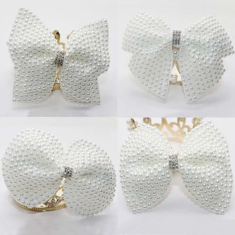 

1PC White Pearl Hair Bows With Hair Clips Girls Kids Boutique Layers Bling Rhinestone Center Bows Hairpins Hair Clips Hot Sale