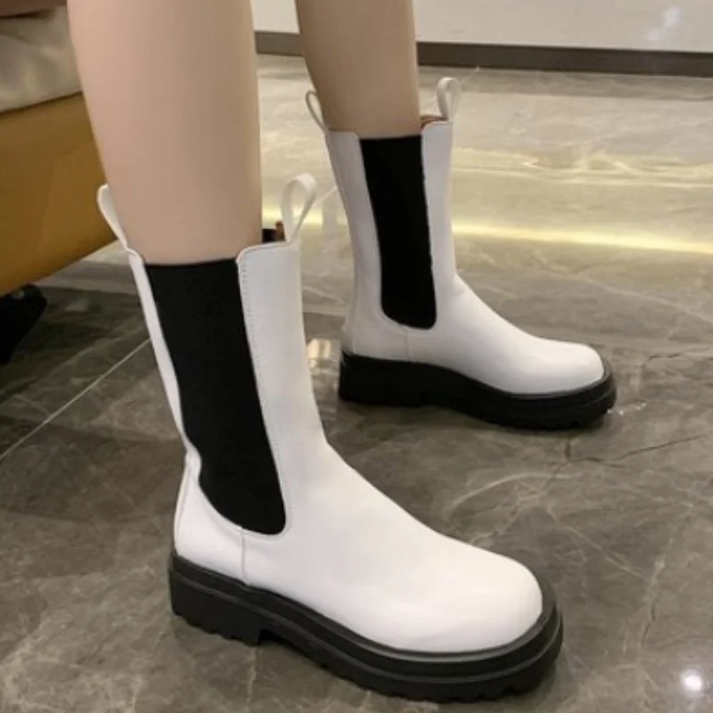 

New Autumn Women's Mid-tube Boots Suede High-heeled Platform Boots Patchwork Round-toe High-heeled Square-heel Boots Ankle Boots