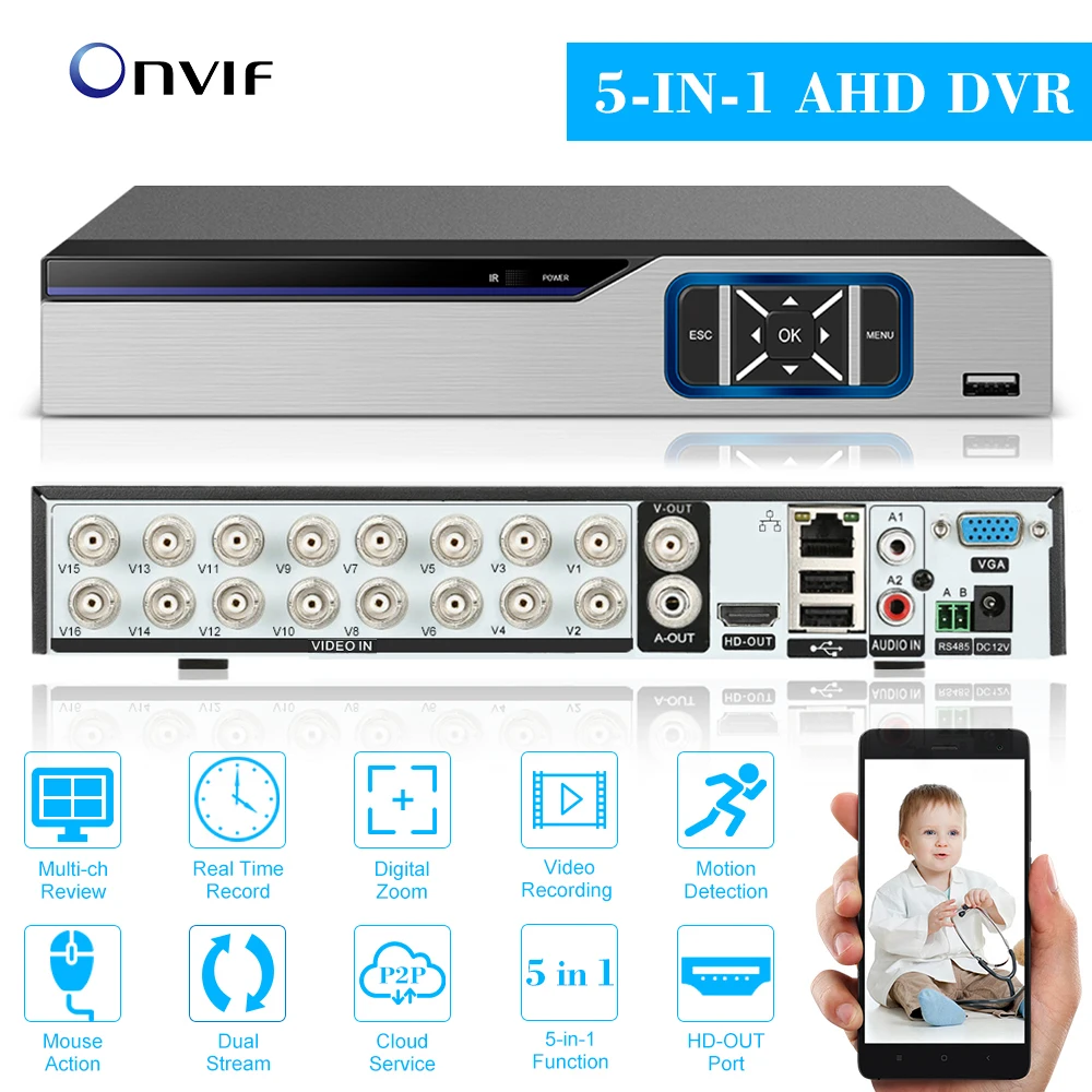 Система видеонаблюдения 16 каналов 1080P гибридный AHD/ONVIF IP/аналоговый/TVI/CVI/ DVR P2P |