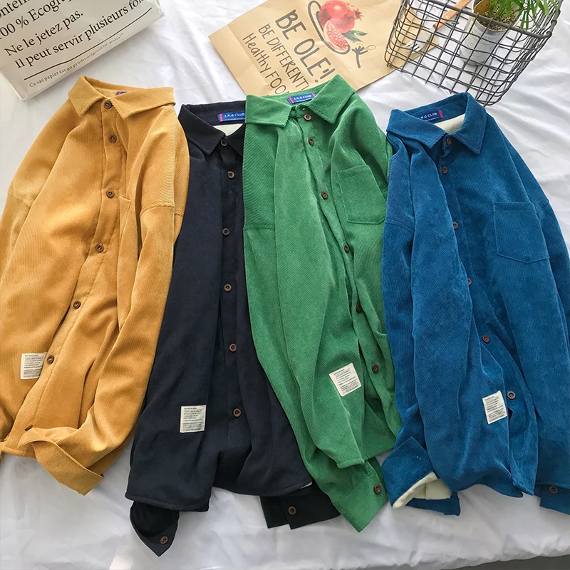 Корейская винтажная Хлопковая мужская рубашка свободная однотонная желтая с