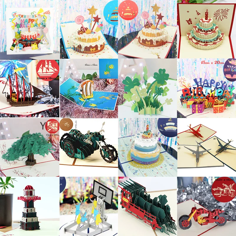 

New 3D Pop UP Happy Birthday Cake Invitations Greeting Cards Kids Gift Postcard Vehicle Miniatures Customizable Thank You Card