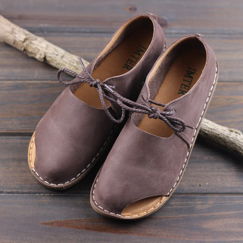 Туфли женские с открытым носком натуральная кожа плоская подошва удобная летняя