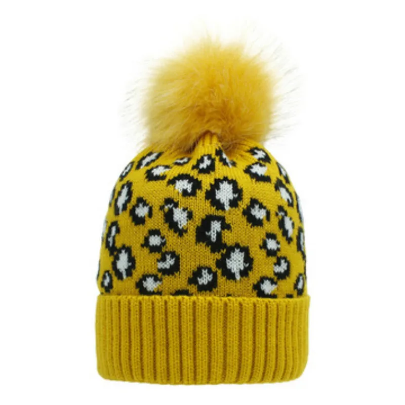 

women's leopard print woolen knit hat fashion warm big fur ball hat winter hats hats for women womens winter hats beanie