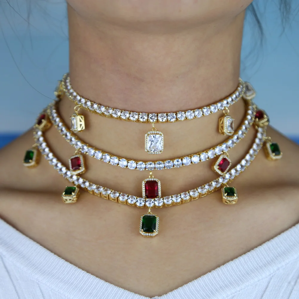 Белый зеленый красный красочный Багет cz падение теннис ожерелье iced out bling чокер для женщин Девушка Роскошные ювелирные изделия