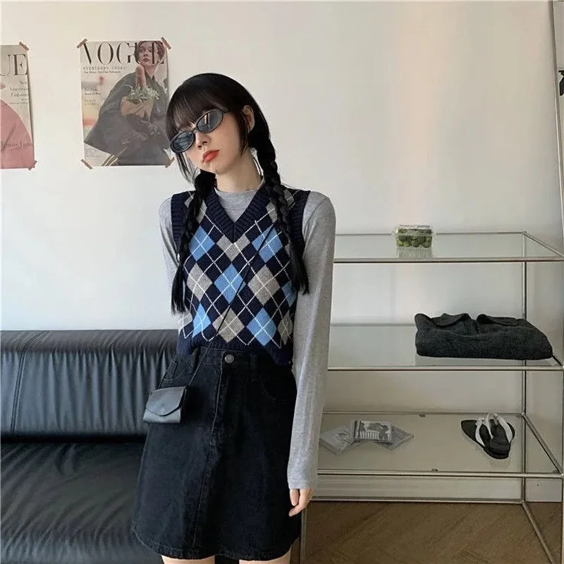 Вязаный жилет для женщин Ретро стиль Harajuku в студенческом стиле студентов без