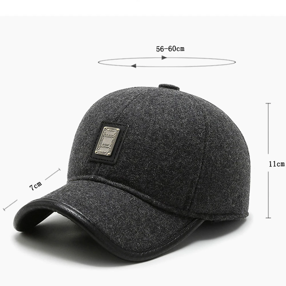 

FS New Winter Felt Earmuffs Hat Black Gray Snapback Baseball Cap For Men Women Warm Windproof Dad Cap With Earflap Gorros Hombre