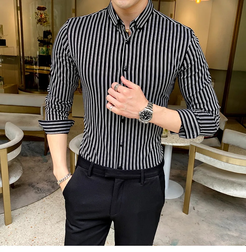 

Men's shirt men's spring and autumn business leisure long sleeve stripe 2021 new Korean slim high-end cardigan shirt men