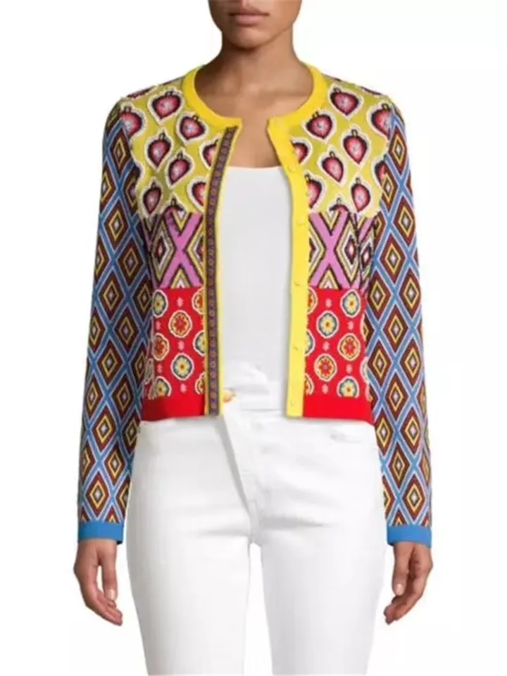 Brand Designer women's cardigan 2019 Vintage Contrast geometric heart Single Breasted Round Neck Open Stitch Cardigan Knit Coat |