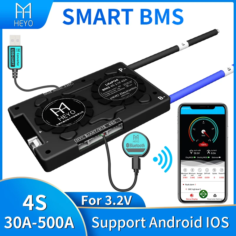 HEYO 18650 LFP 3 2 V UART RS485 30A 60A 80A 150A 250A 300A 100A 40A 200A умный баланс батареи Bluetooth Lipo LiFePO4 12V 4s