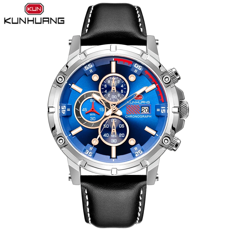 KUNHUANG спортивные часы Для мужчин синий циферблат лучший бренд класса люкс в стиле