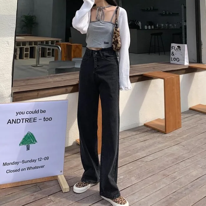 

2021 New Black Jeans Women's Summer Straight Loose Retro High Waist Ins Hong Kong Style Wide-Leg Draggle-Tail Trousers