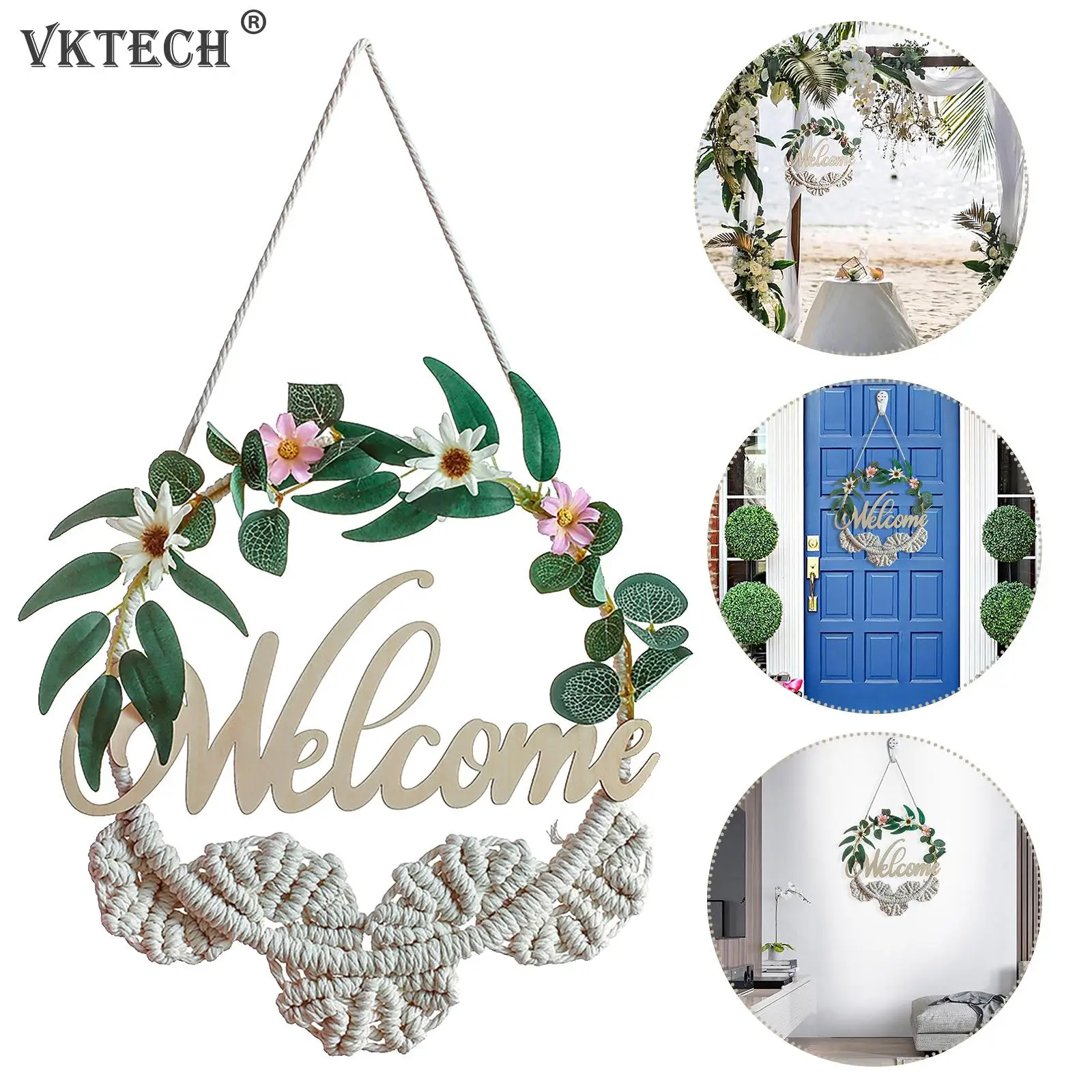 

Welcome Porch Sign Woven Macrame Wall Art Hanging Porch Wreath Sign with Greenery Artificial Wooden Hanger Home Decorations