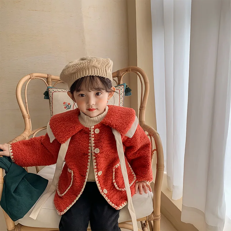 

Girls Autumn And Winter Tops 2021 Korean Version Of The New Western Style Bowknot Wool Sweater Girls Late Autumn Lamb Wool Coat