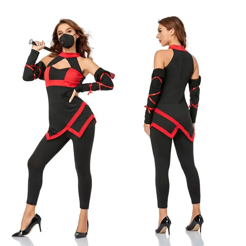 

Соблазнительный топ и брюки с рукавами, комплект из 3 предметов, костюм для Хэллоуина, черная, красная одежда, японский самурай, косплей, плот...