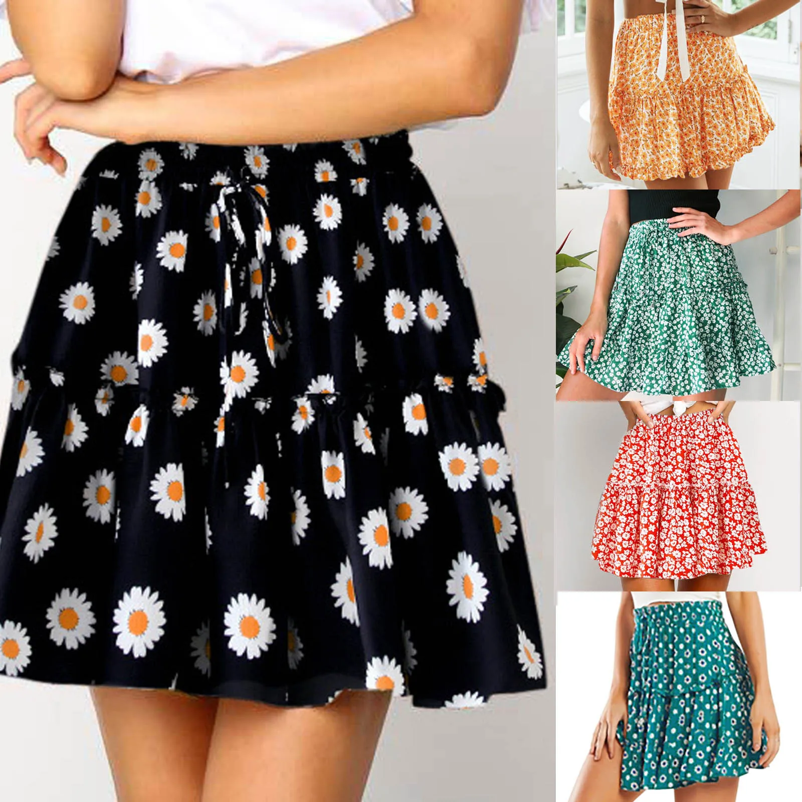 

women's casual printed Ruffle A-shape lace up skirt spring and summer женские юбки A-Line Pleated Lace Up Bandage Short