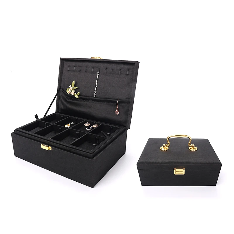 

Portable Black Brushed Jewelry Storage Box Multifunctional Threelayer For Women Earring Necklace Ring Brooch Jewellery Organizer