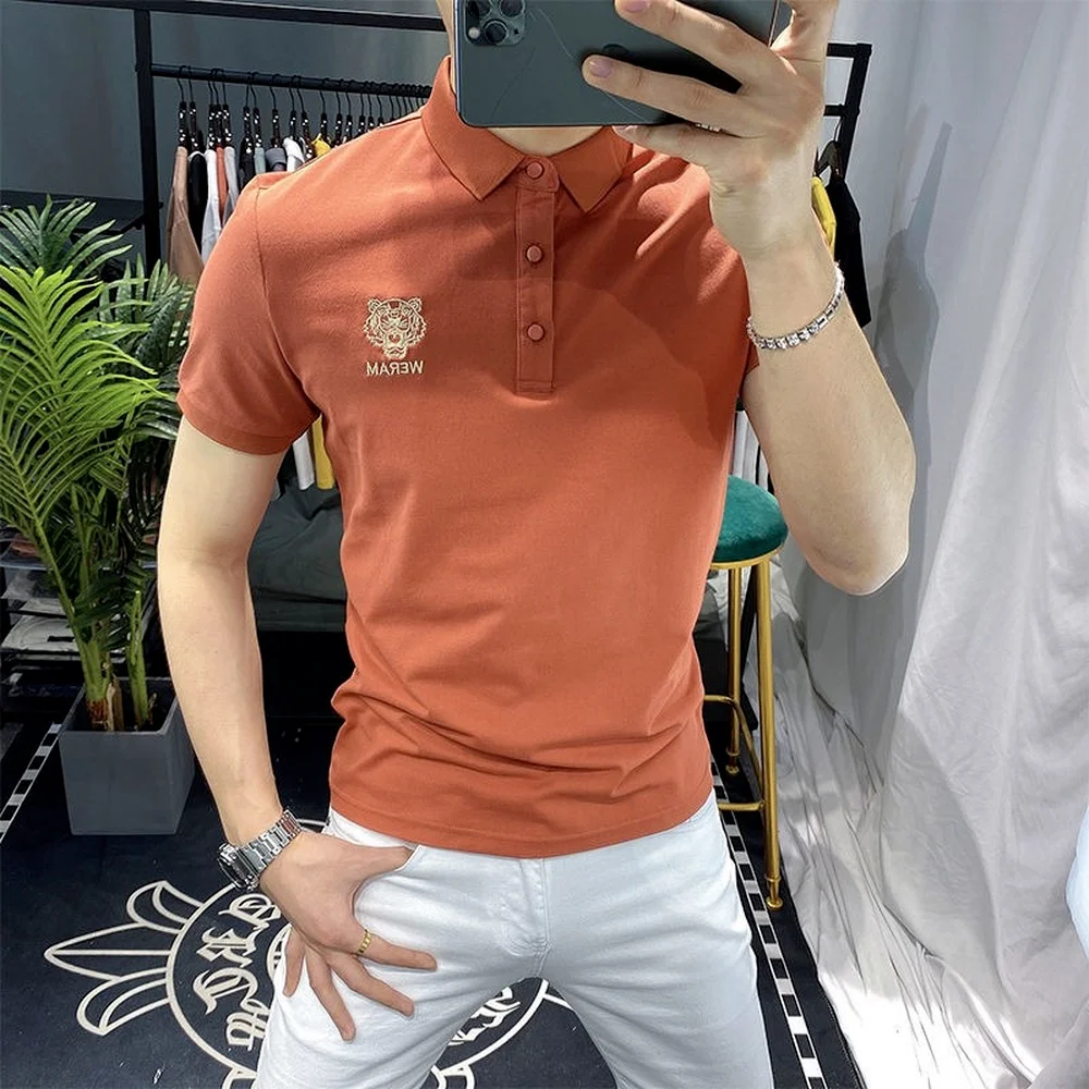 

Men's T-shirt 2021 Gray Embroidered Tiger Head Short Sleeve T-shirt Top Trendy Brand Lapel Polo Shirt Polo Y2K Large Size Tshirt