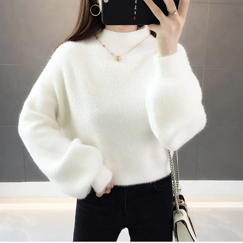 Короткий свитер с высоким воротом бархатный пуловер кашемировый для женщин