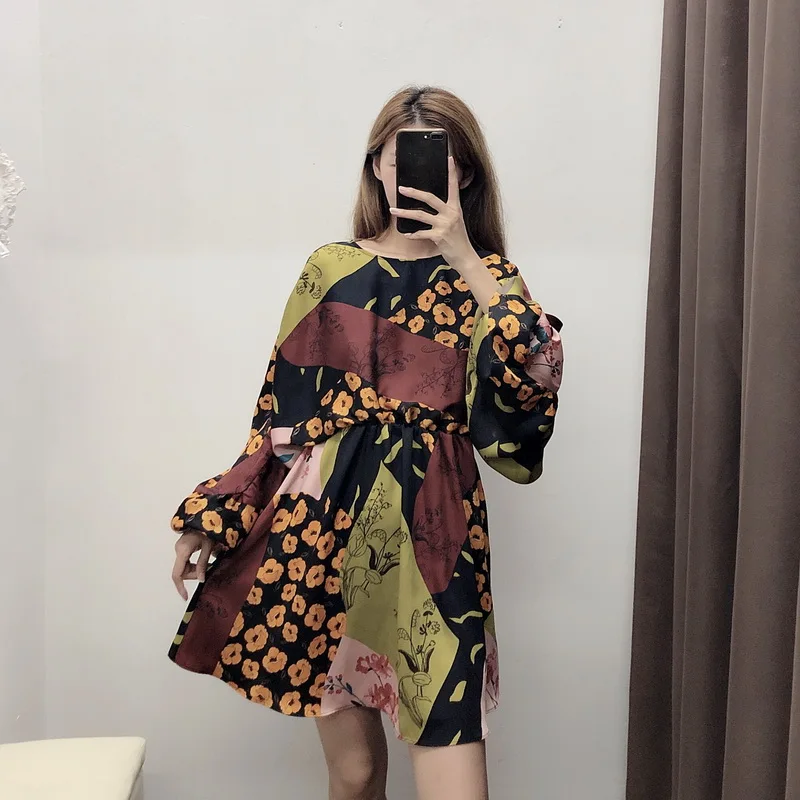 Винтажное женское платье осень 2019 новые модные цветочные принты Пэчворк Выше