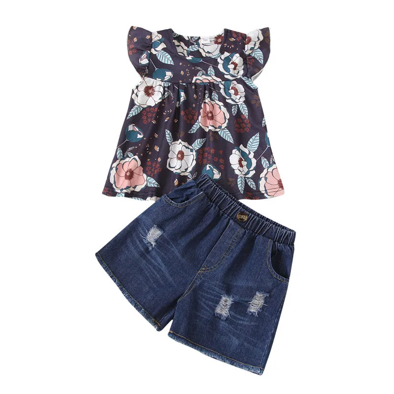 

Костюм для девочек из двух предметов, темно-синий топ с коротким рукавом и круглым вырезом и шорты с цветочным принтом