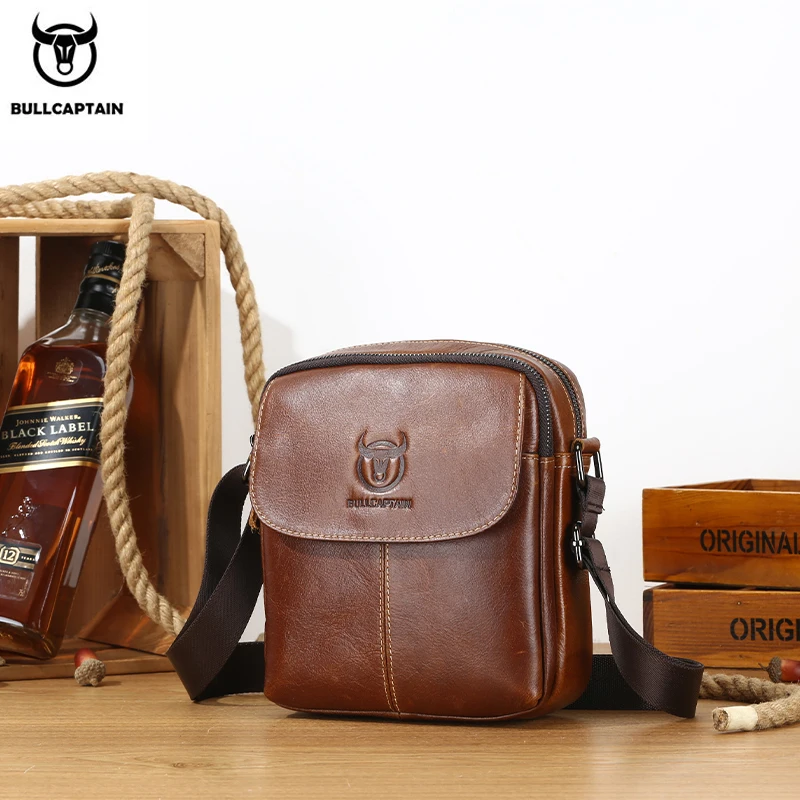 BULLCAPTAIN Men's Shoulder Messenger Bag Leather Casual Classic Multifunctional Short Cover Medium And Small Bag